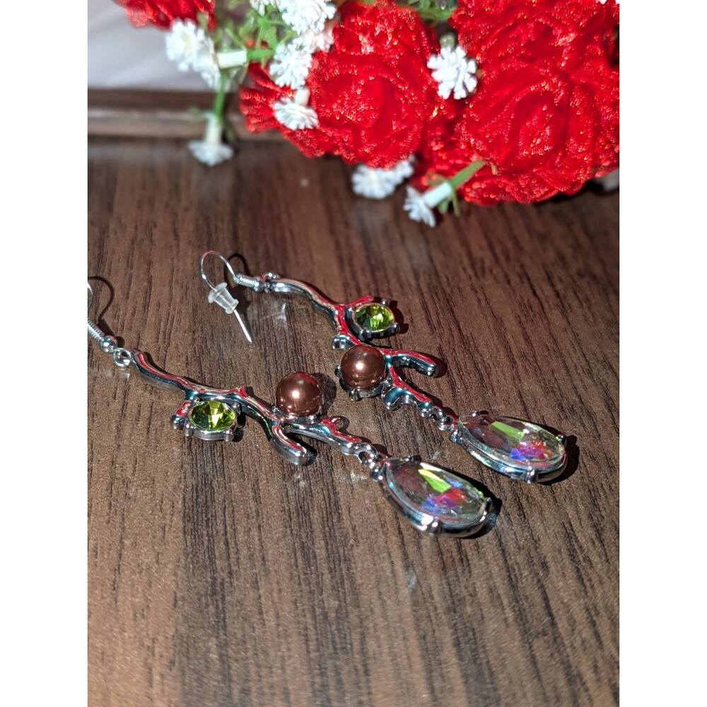 Silver Tone Dangle Drop Earrings Hook Teardrop Multicolor Crystal Prong Set
